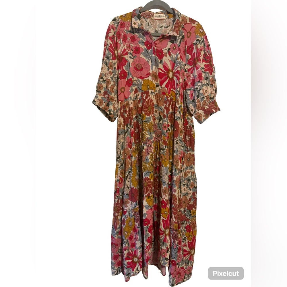 NATURAL LIFE Red Maxi Sundress with Notched Collar and Bishop Sleeves